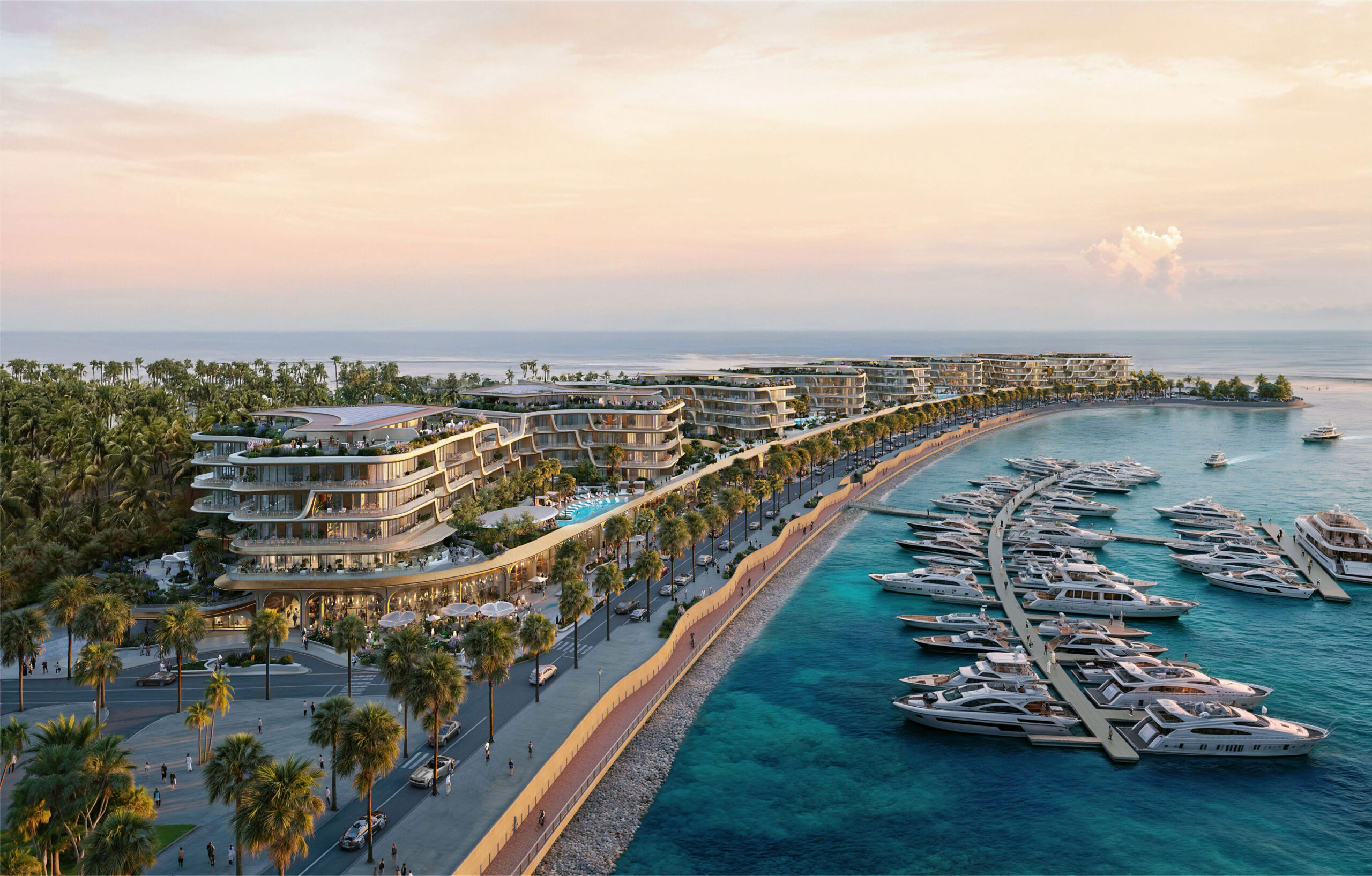 Aerial rendering of a luxury waterfront development at sunset, featuring multi-story buildings with curved balconies and extensive rooftop gardens, overlooking a massive marina filled with large yachts.