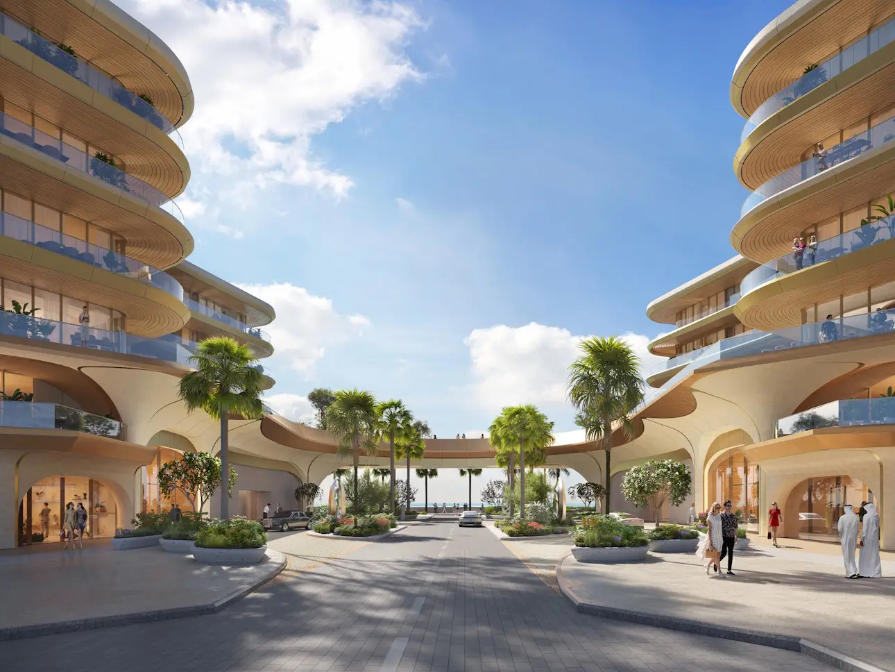 The Grove Architectural rendering of a grand, open-air entrance and driveway situated between two modern, curved high-rise buildings. The buildings feature sweeping horizontal balconies with light wood soffits, supported by organic, cream-colored structural arches. The central median is heavily landscaped with palm trees, and the ocean is visible in the distance.