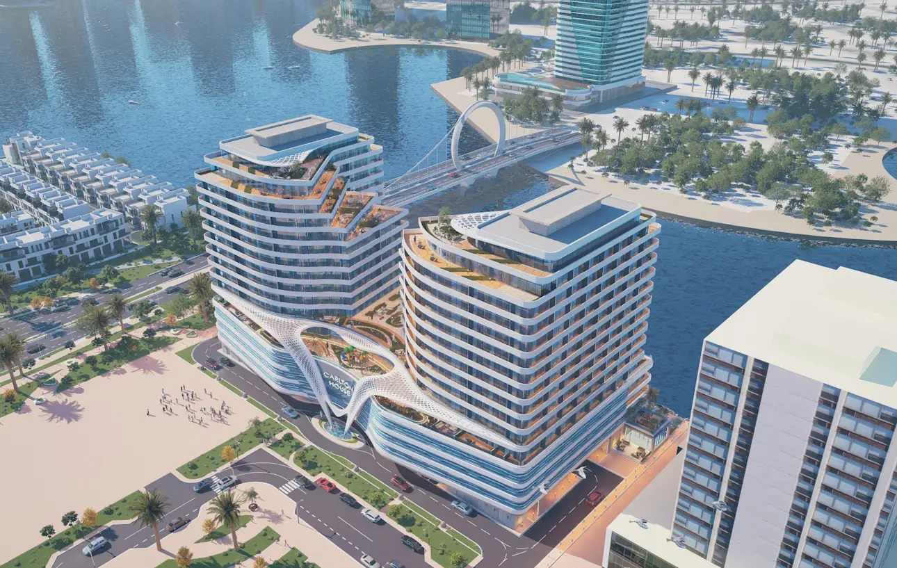 Carlton House Architectural rendering of a high-end, curved twin tower building complex situated along a waterfront, featuring terraces, rooftop amenities, and a distinctive white, flowing podium structure. A cable-stayed bridge and other high-rise buildings are visible in the background.