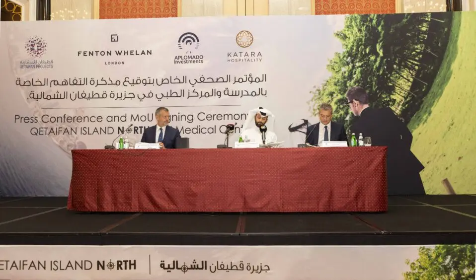 Signing ceremony of a QAR 634 million MoU between Qetaifan Projects and UK’s Aplomado Investments & Fenton Whelan, endorsed by the UK Ambassador to Qatar